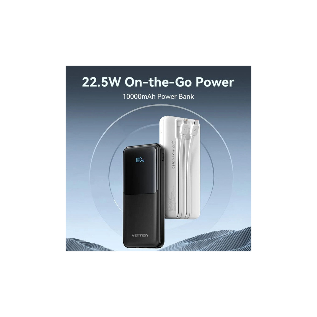 Батарея універсальна Vention 10000mAh 22.5W 3A PD, Built-in USB-C+Lightning Cables, White (FHOW0) - зображення 4