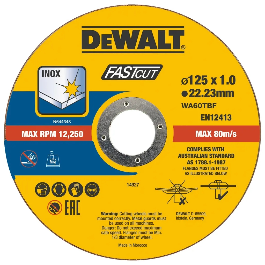Круг відрізний DeWALT FASTCUT, нержавіюча сталь/листовий метал, 125x1x22, 23 мм, 100 шт (DT20540) - зображення 1