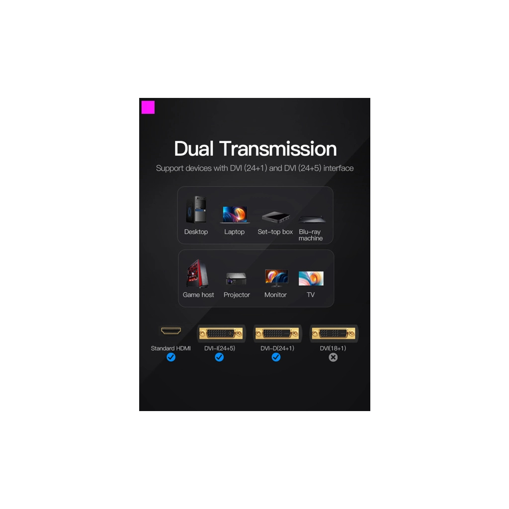 Перехідник DVI(24+1) Male to HDMI Female black Vention (ECDB0) - изображение 5