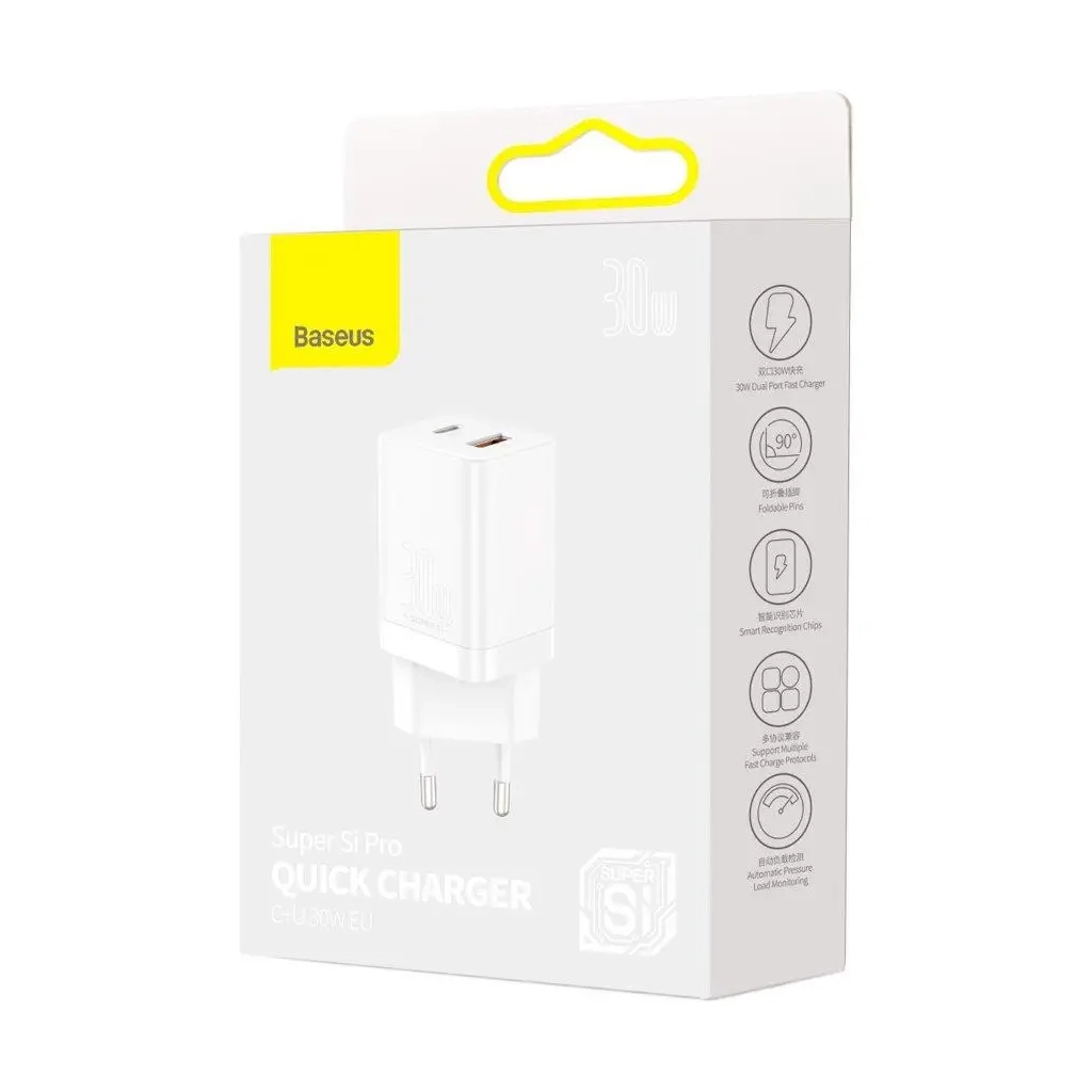 Зарядний пристрій Baseus 1xUSB-C 30W + 1xUSB white (CCSUPP-E02) - зображення 6