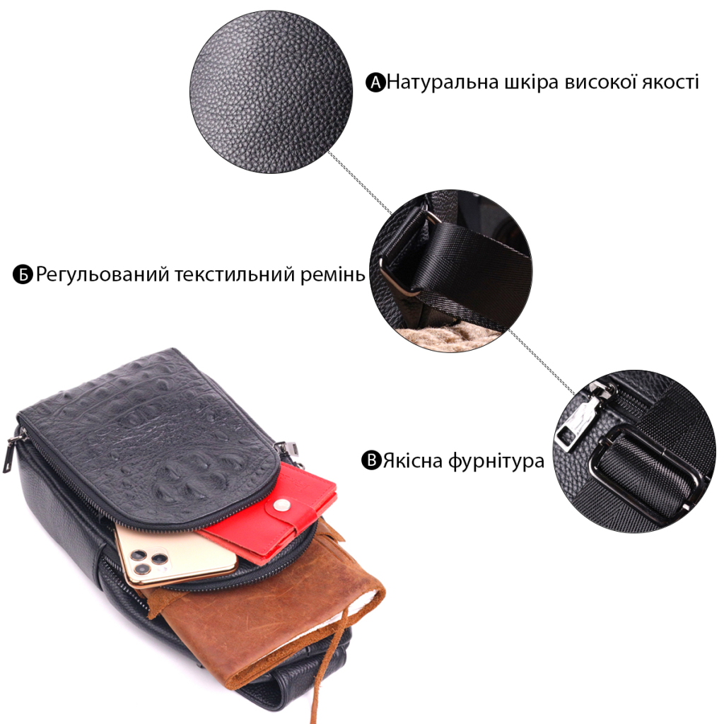 Сумка Vintage Слінг з натуральної фактурної шкіри Чорна (21400) - зображення 4