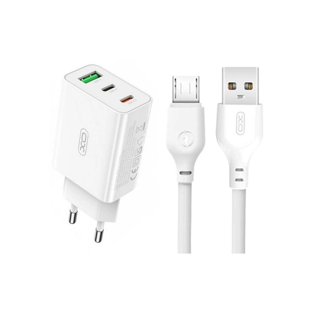Зарядний пристрій XO L101 PD + QC3.0 (1USB/2Type-C/20W) + USB - MicroUSB White (XO-L101-WH) - зображення 1