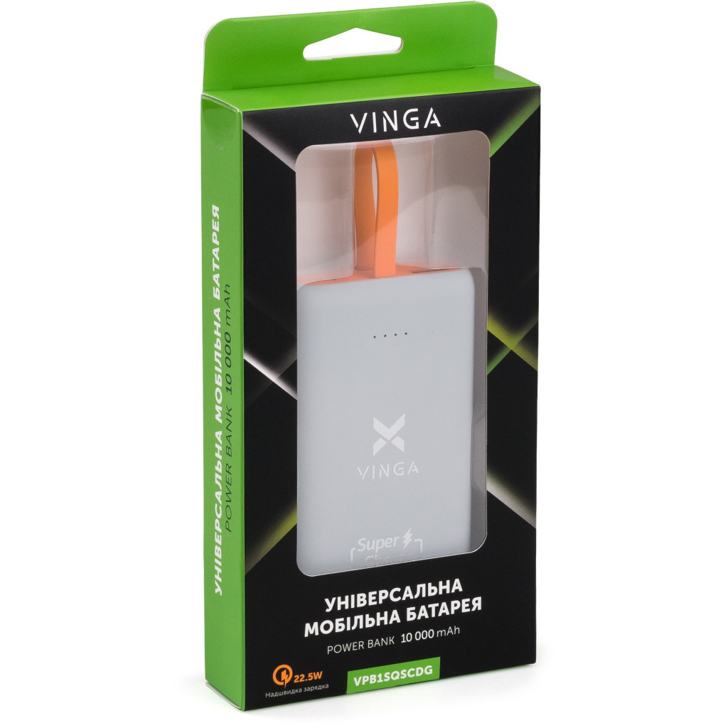 Батарея універсальна Vinga 10000 mAh SuperQC soft touch w/cable 22.5W dark grey (VPB1SQSCDG) - зображення 9