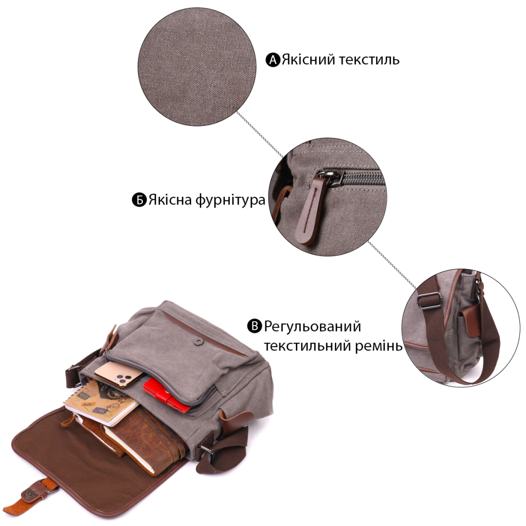 Сумка Vintage Чоловіча з текстилю Сіра (21248) - зображення 4