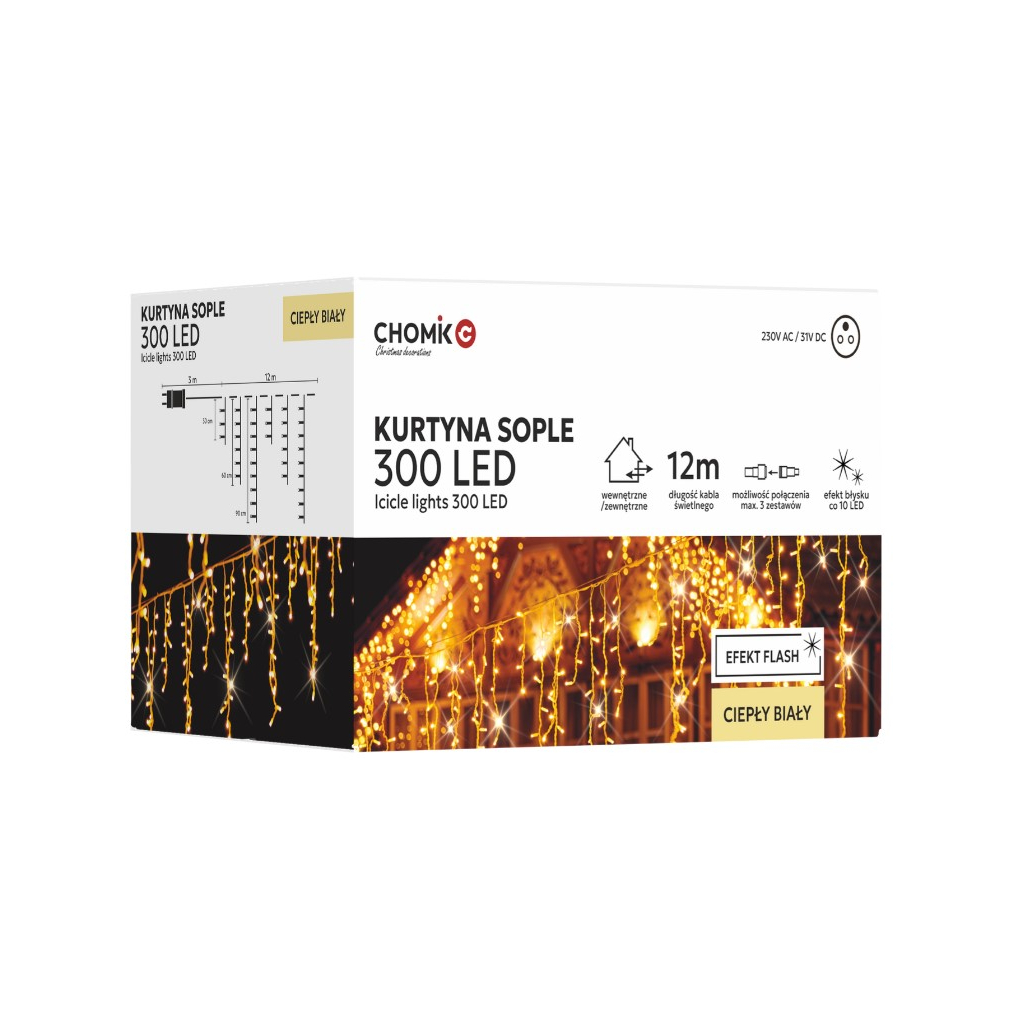 Гірлянда Chomik Бахрома 300 LED 12 м, теплий білий, IP44, від мережі (5900779879843) - зображення 1