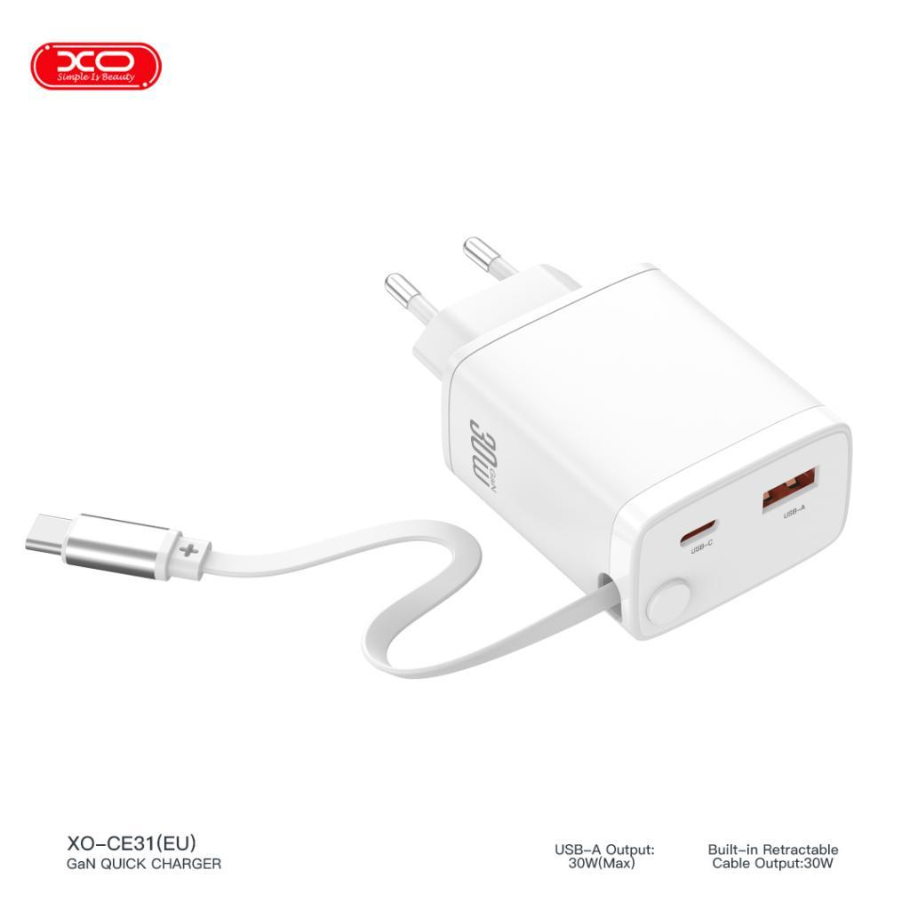 Зарядний пристрій XO 1xUSB-C + 1xUSB QC30W GaN + cable USB-C to USB-C white (XO-CE31) - зображення 5