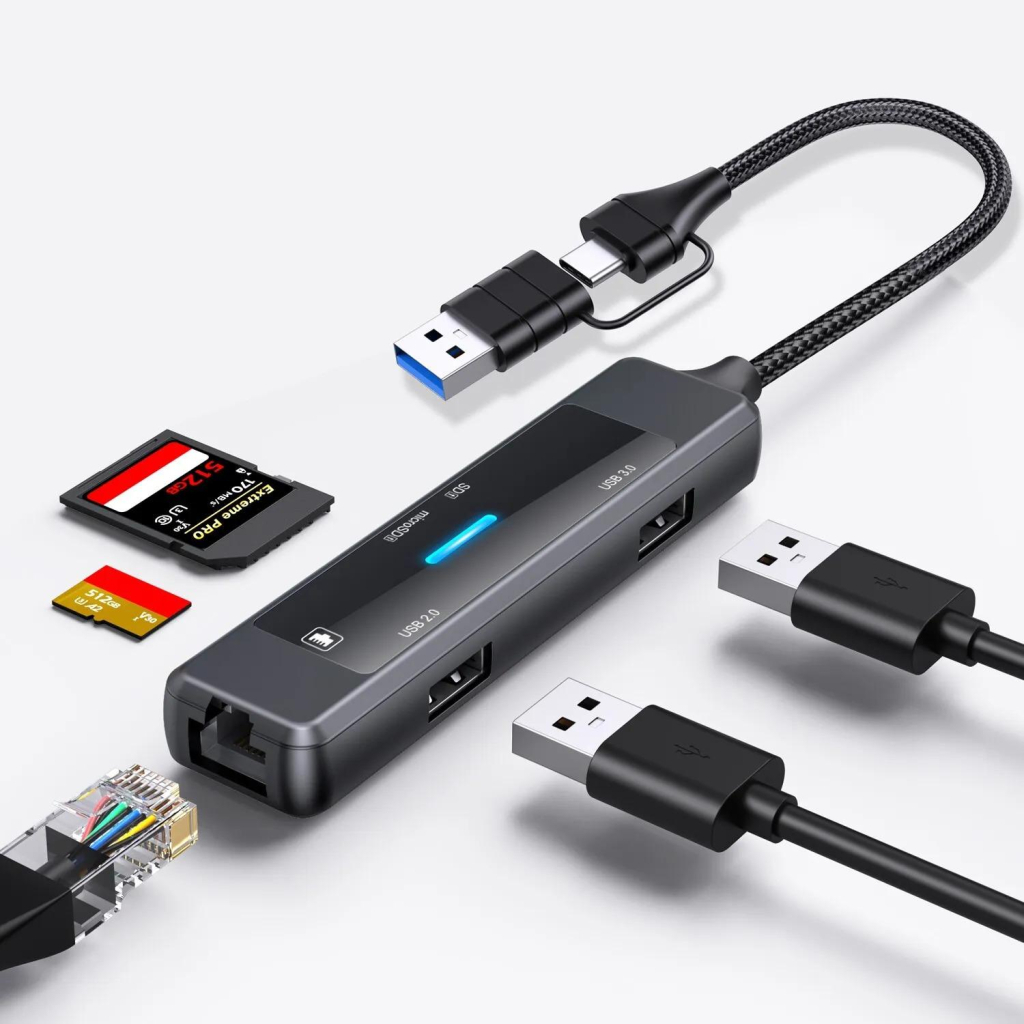 Концентратор XoKo USB-C 5-in-1 USB 3.0 + USB 2.0 + SD/TF + RJ45 100Mbps silver (XK-AC-350) - изображение 10