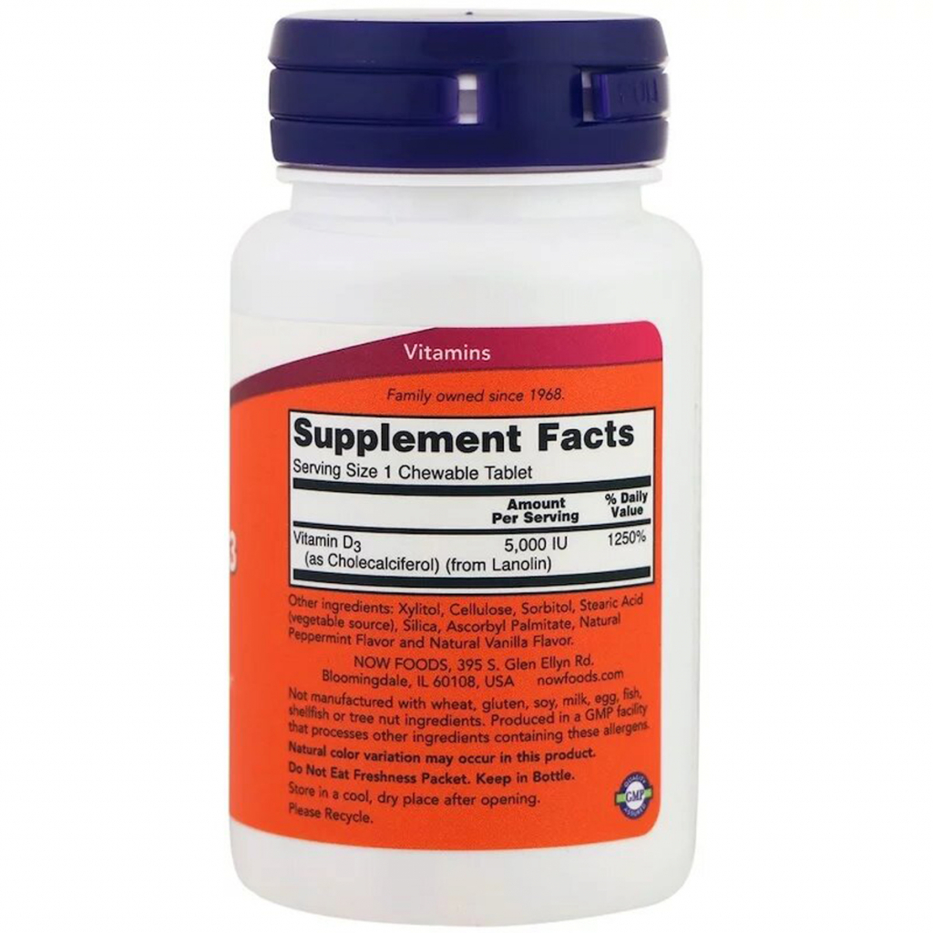 Вітамін Now Foods Вітамін D3 з Ментоловим Смаком, Vitamin D-3, 5000 МО, 120 жу (NOW-00358) - зображення 2