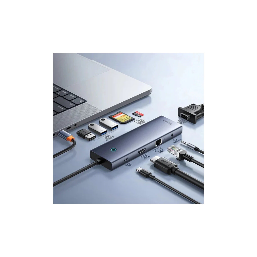 Концентратор Baseus USB-C 10-in-1 HDMI 4K60Hz + VGA + 3xUSB 3.0 + PD + RJ45 1000Mbps + SD/TF + 3.5mm gray (B0005280C811-00) - зображення 7