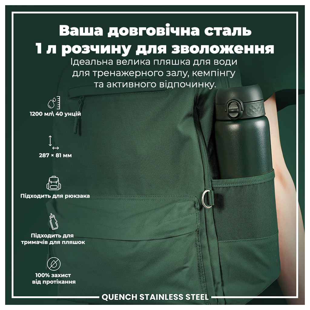 Пляшка для води ION8 OneTouch Stainless Steel 1200 мл Dark Green (I8SS1000DGRE) - зображення 5