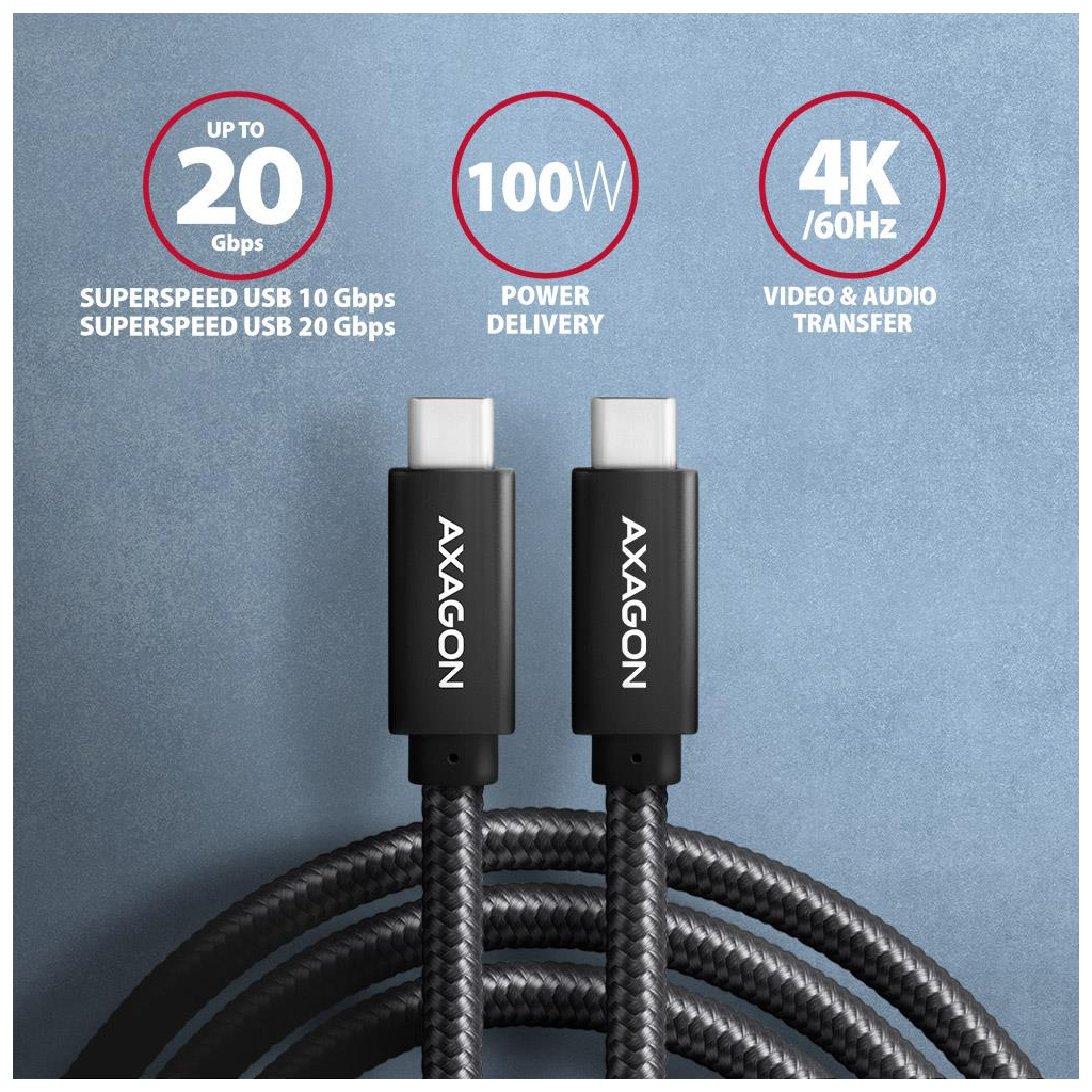 Дата кабель USB-C to USB-C 2.0m USB 3.2 Gen 2 PD 100W 5A 4K black AXAGON (BUCM32-CM20AB) - зображення 4