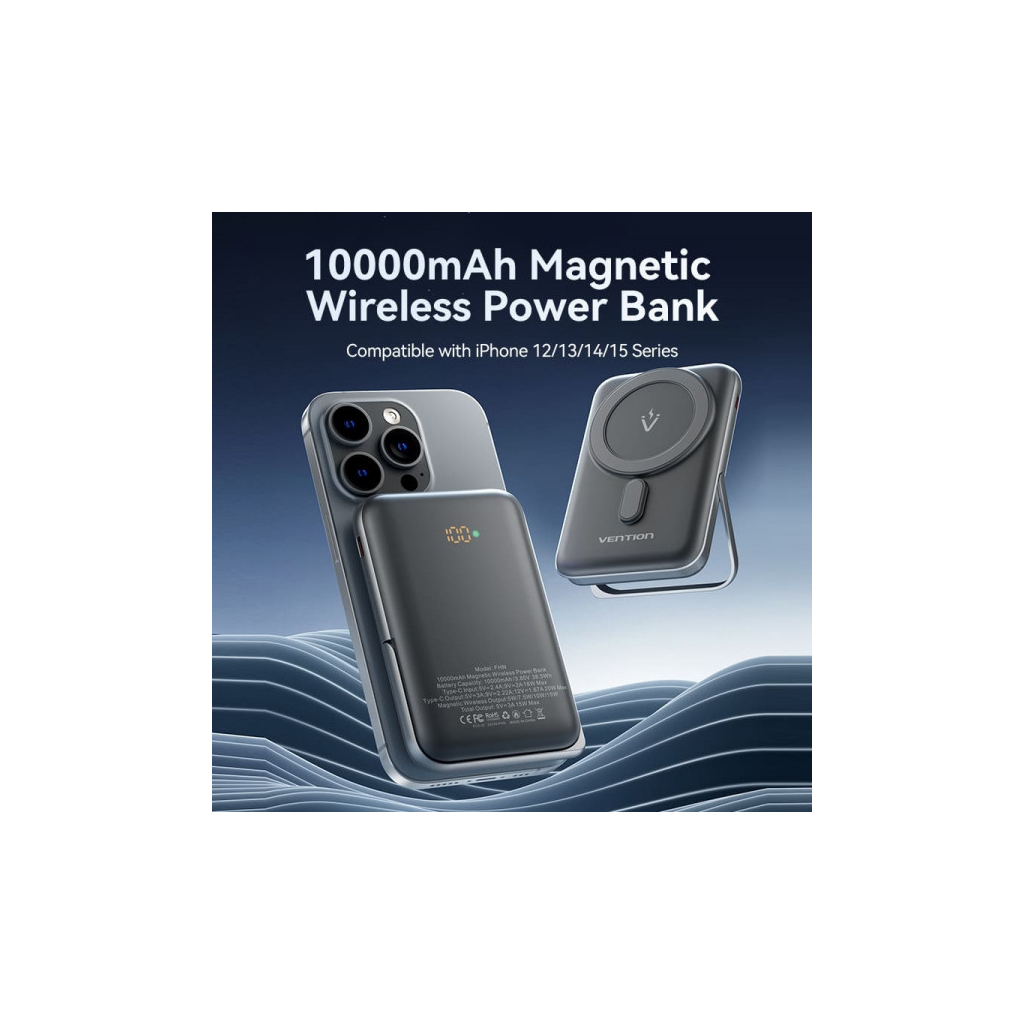 Батарея універсальна VENTION Magnetic Wireless 10000mAh 20W PD USB-C In/Out, QI-15W Black (FHNB0) - picture 4