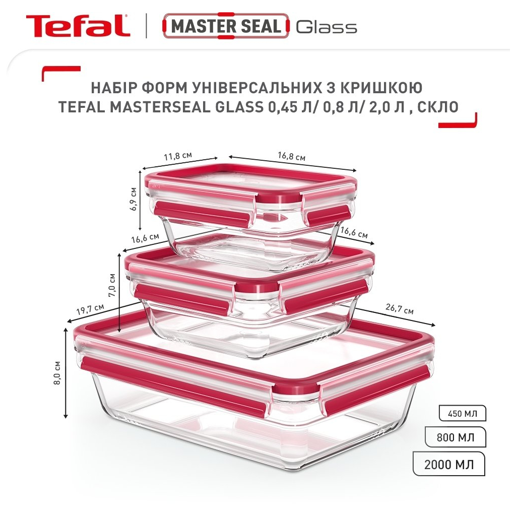 Харчовий контейнер Tefal Master Seal, Набір 3шт, жаростійке скло, прозорий (N1050910) - зображення 3