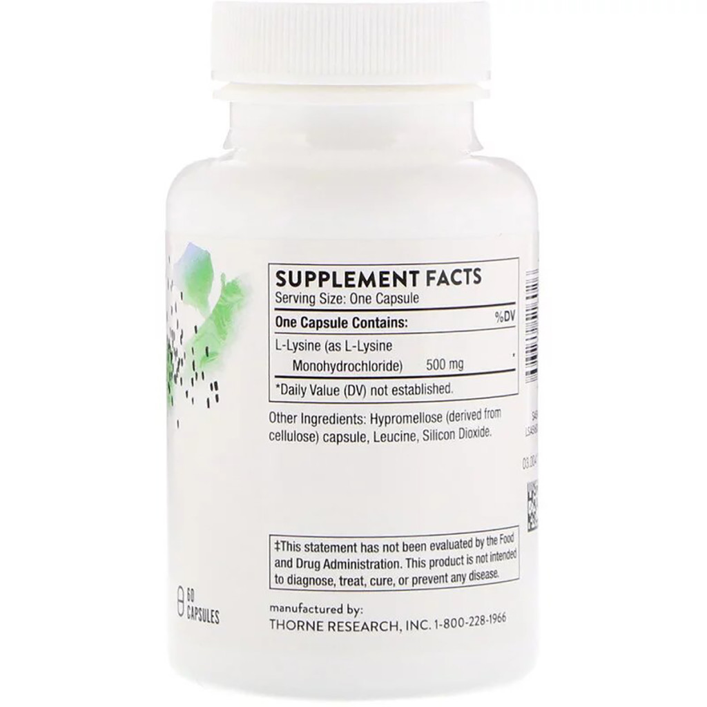 Амінокислота Thorne Research L-Лізин, L-Lysine, 60 капсул (THR-51602) - зображення 2