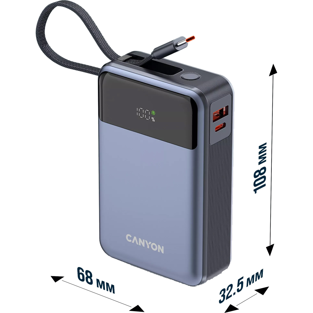 Батарея універсальна Canyon 20000mAh OnPower 600 PD/65W built-in cable Dark Grey (CNS-CPB600DG) - зображення 7