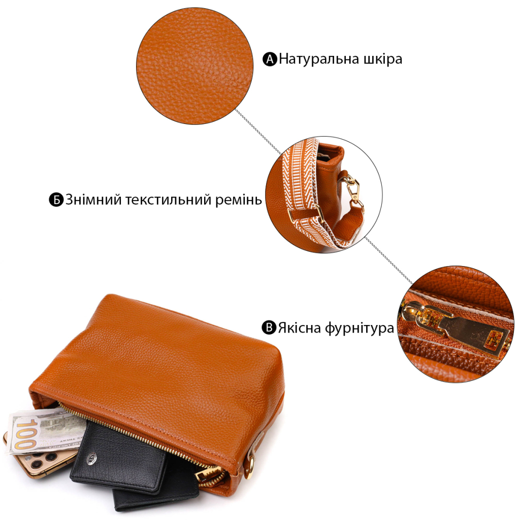 Сумка Vintage На плече з натуральної шкіри Руда (22139) - зображення 4