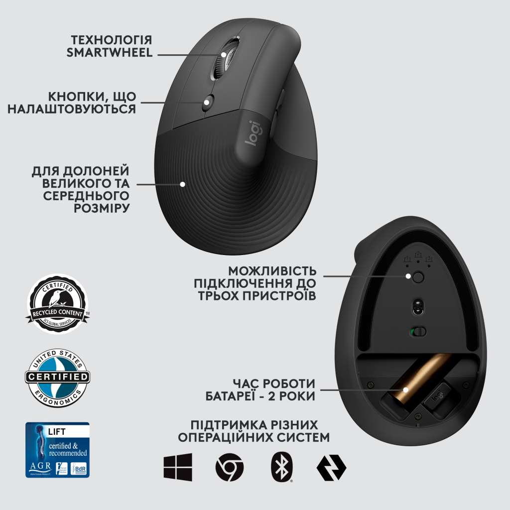 Мишка Logitech Lift Left Vertical Ergonomic Wireless/Bluetooth for Business Graphite (910-006495) - зображення 6