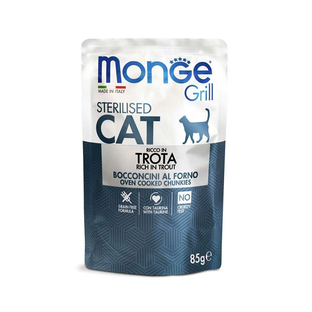 Вологий корм для кішок Monge Cat Grill Sterilised форель 85 г (шматочки в жиле) (8009470013659) - зображення 1