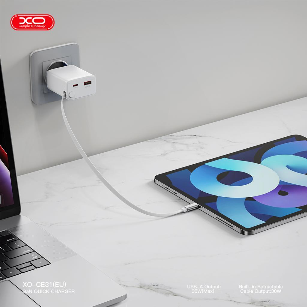 Зарядний пристрій XO 1xUSB-C + 1xUSB QC30W GaN + cable USB-C to USB-C white (XO-CE31) - зображення 7