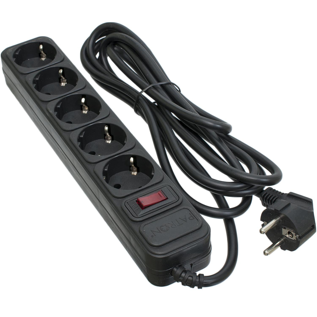 Мережевий фільтр живлення Patron 3.0 m3*1.5mm2 (SP-1653) 5 розеток BLACK (EXT-PN-SP-1653) - зображення 1