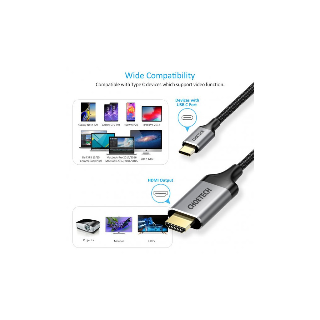 Кабель мультимедійний USB-C to HDMI 1.8m 4K 60Hz Choetech (CH0021-BK) - зображення 6