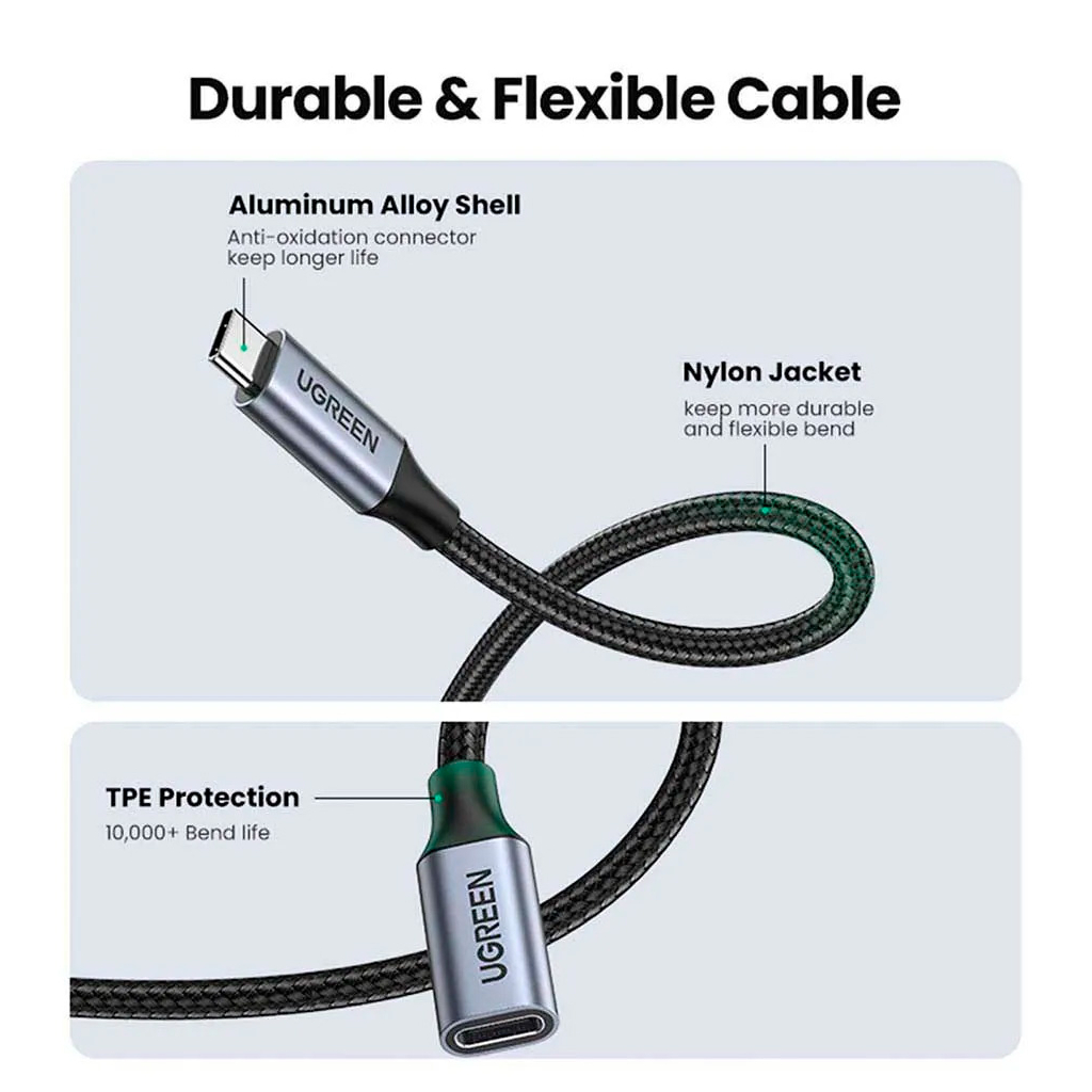 Дата кабель USB-C M/F 0.5m 5A USB 3.1 Gen2 10Gbps black UGREEN (80810) - зображення 11