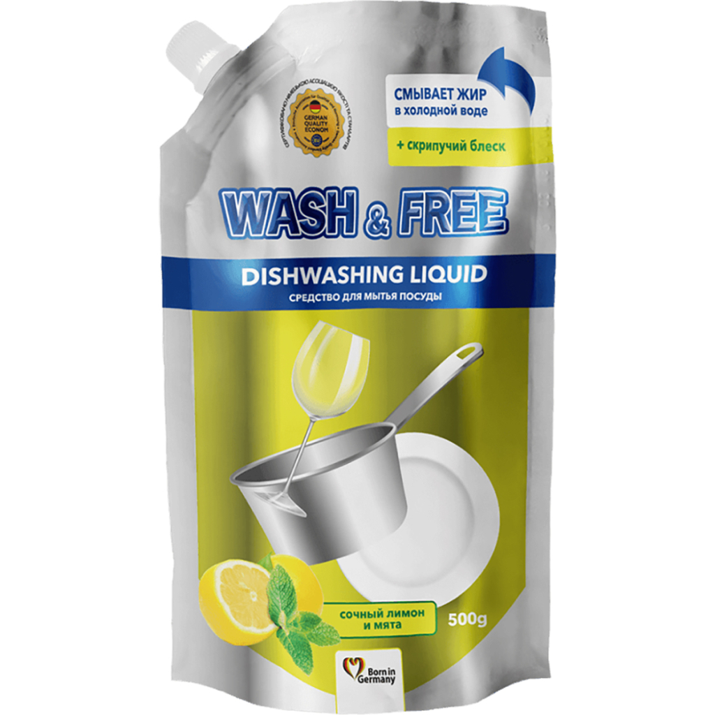Засіб для ручного миття посуду Wash&Free соковитий лимон та м'ята дой-пак 500 г (4260637724663) - зображення 1