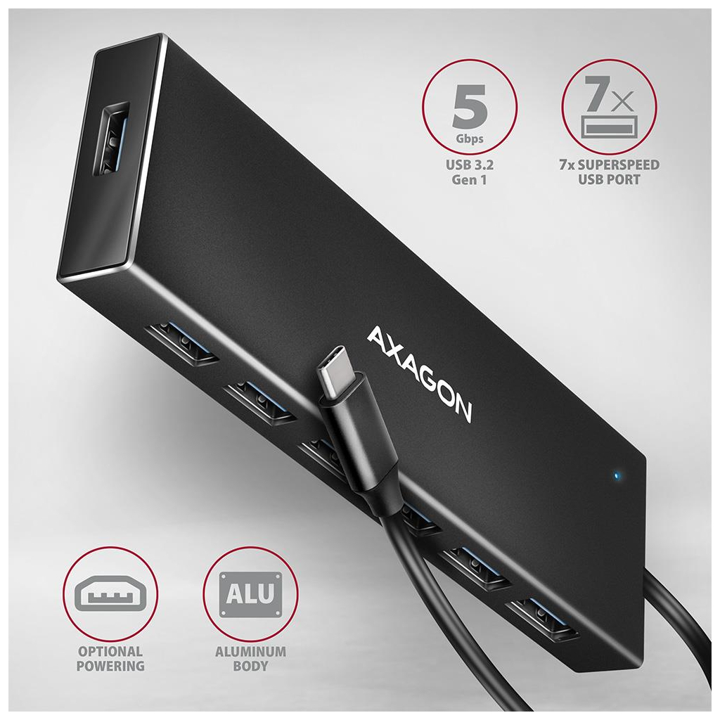 Концентратор AXAGON USB-C to 7xUSB 3.0 black (HUE-F7C) - зображення 2