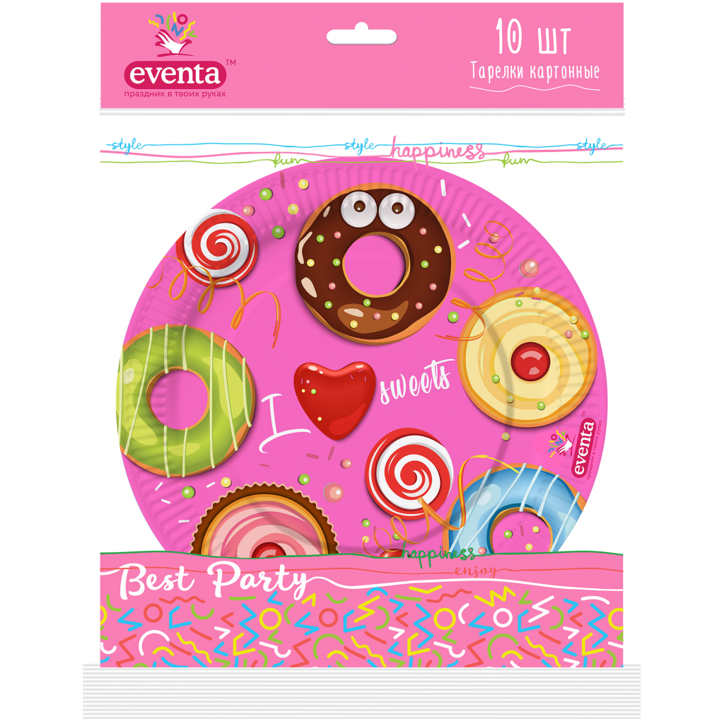 Тарілки одноразові Eventa паперові круглі з малюнком Пончики D23 см 10 шт. (4820143708016) - зображення 1