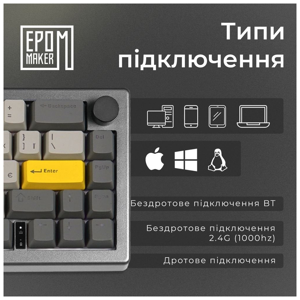 Клавіатура Epomaker EK68 65 Budgerigar V2 Switch Hot-Swap RGB Wireless/Bluetooth/USB UA Black (EK68-B-BV2) - зображення 5