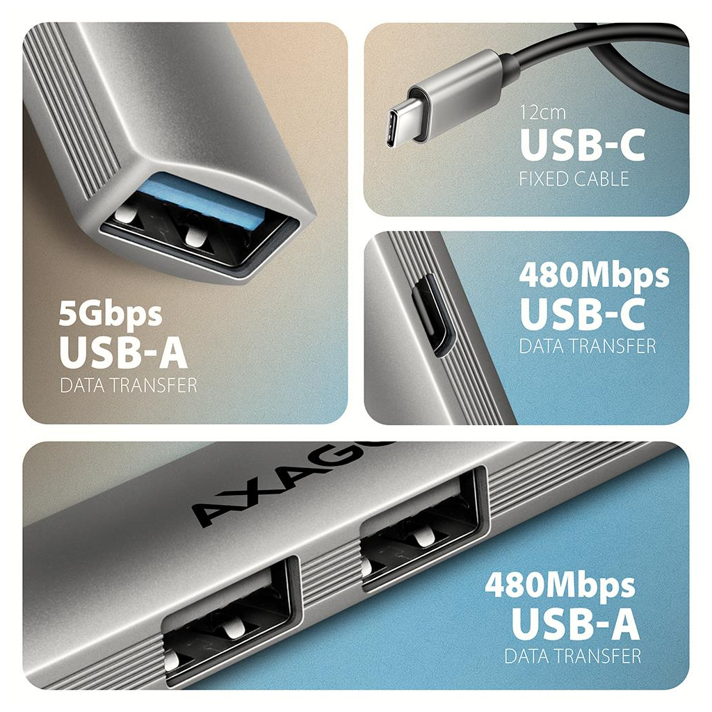 Концентратор AXAGON USB-C to 1xUSB-A 5Gbps + 2xUSB-A 480Mbps + 1xUSB-C 480Mbps 0.12m aluminum (HUE-STC) - зображення 3