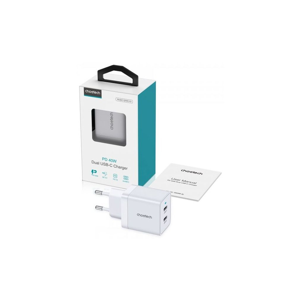 Зарядний пристрій Choetech 2xUSB-C 40W PD/QC/PPS (Q5006-EU-WH) - зображення 4