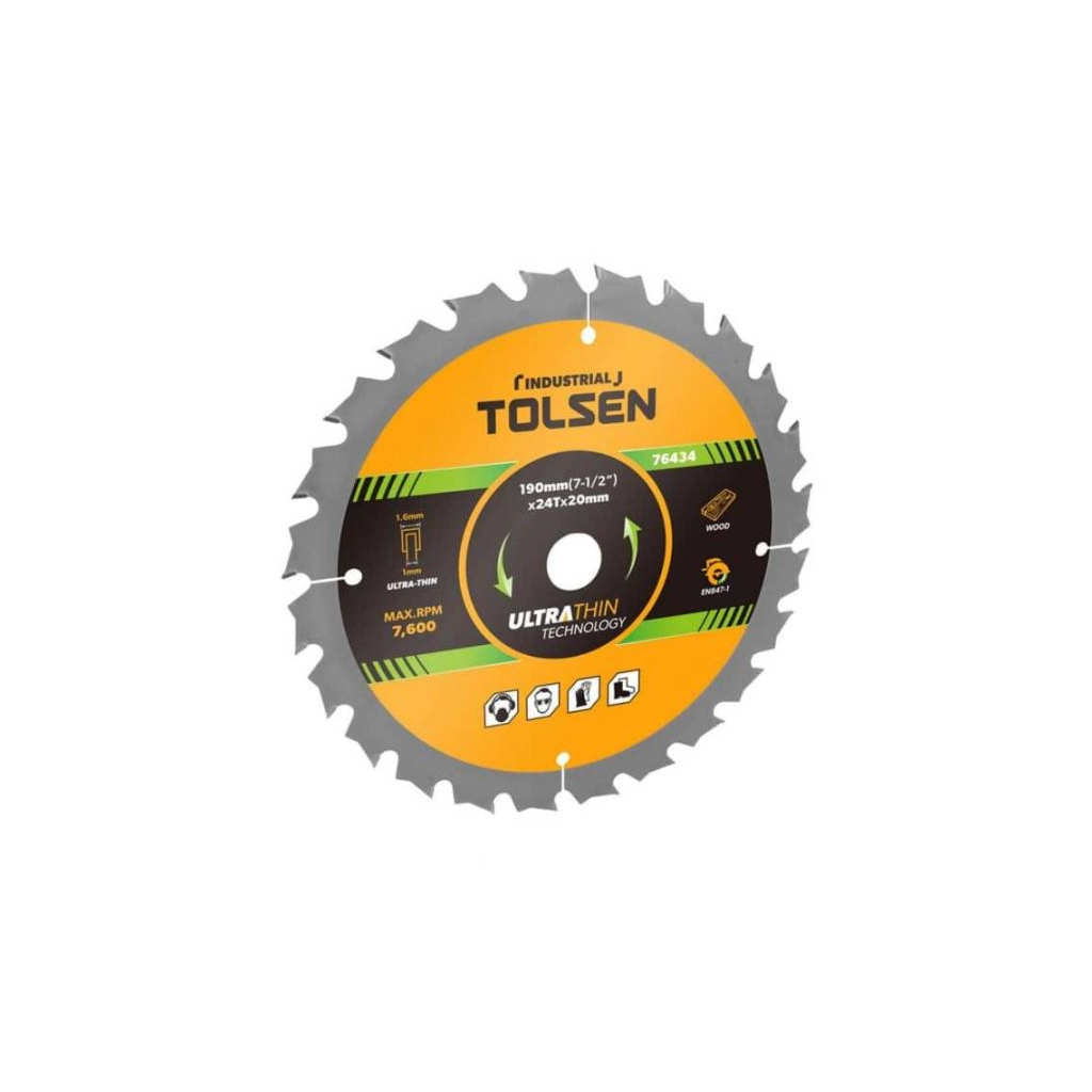 Диск пильний Tolsen з ТВС напайками по дереву 190х24Т*20мм Ultra тонкий (76434) - зображення 1