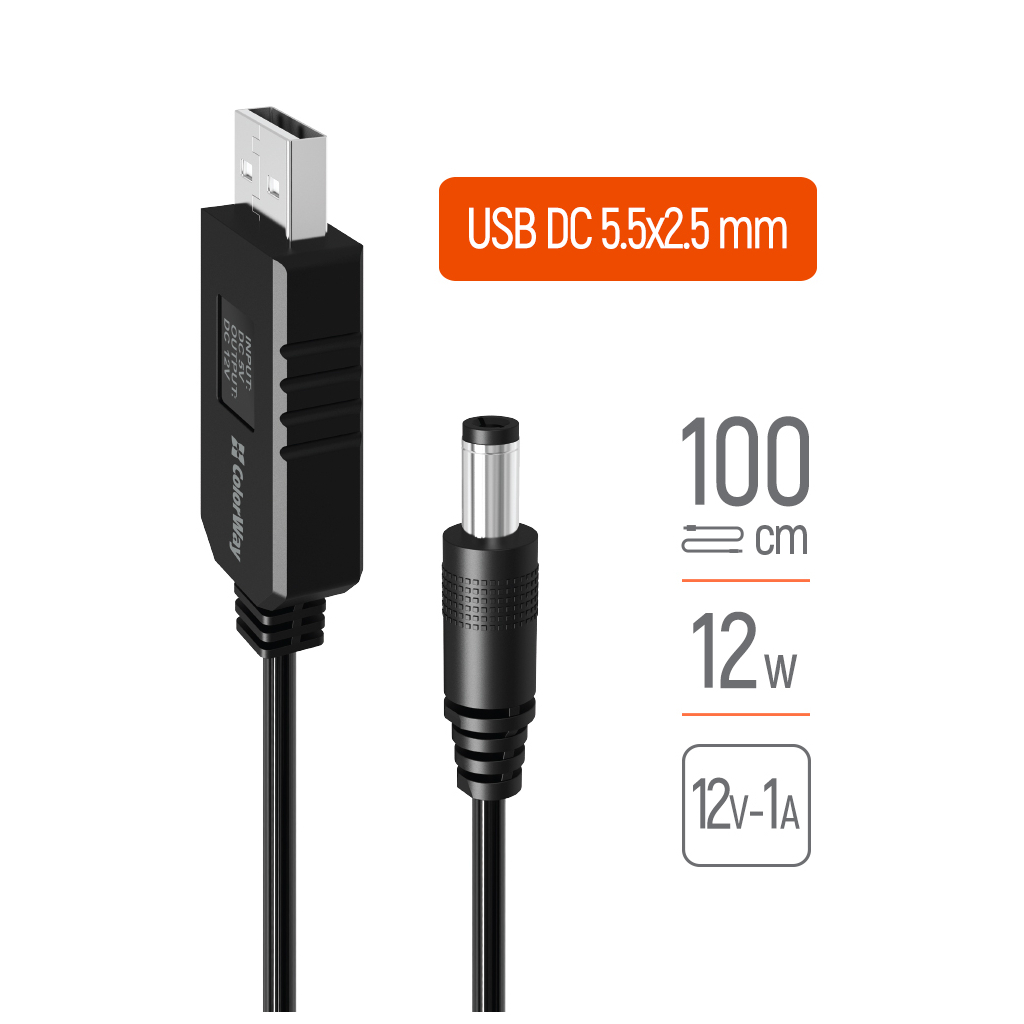 Кабель живлення USB to DC 5.5x2.5mm 12V 1.0m black ColorWay (CW-CBUD067-BK) - изображение 1