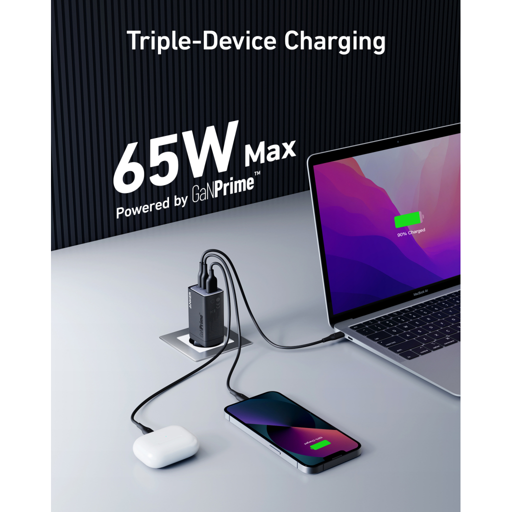 Зарядний пристрій Anker PowerPort 735 GaNPrime 65W 2xUSB-C PD + 1xUSB-A PIQ PPS/DPDS (A2668311) - зображення 2