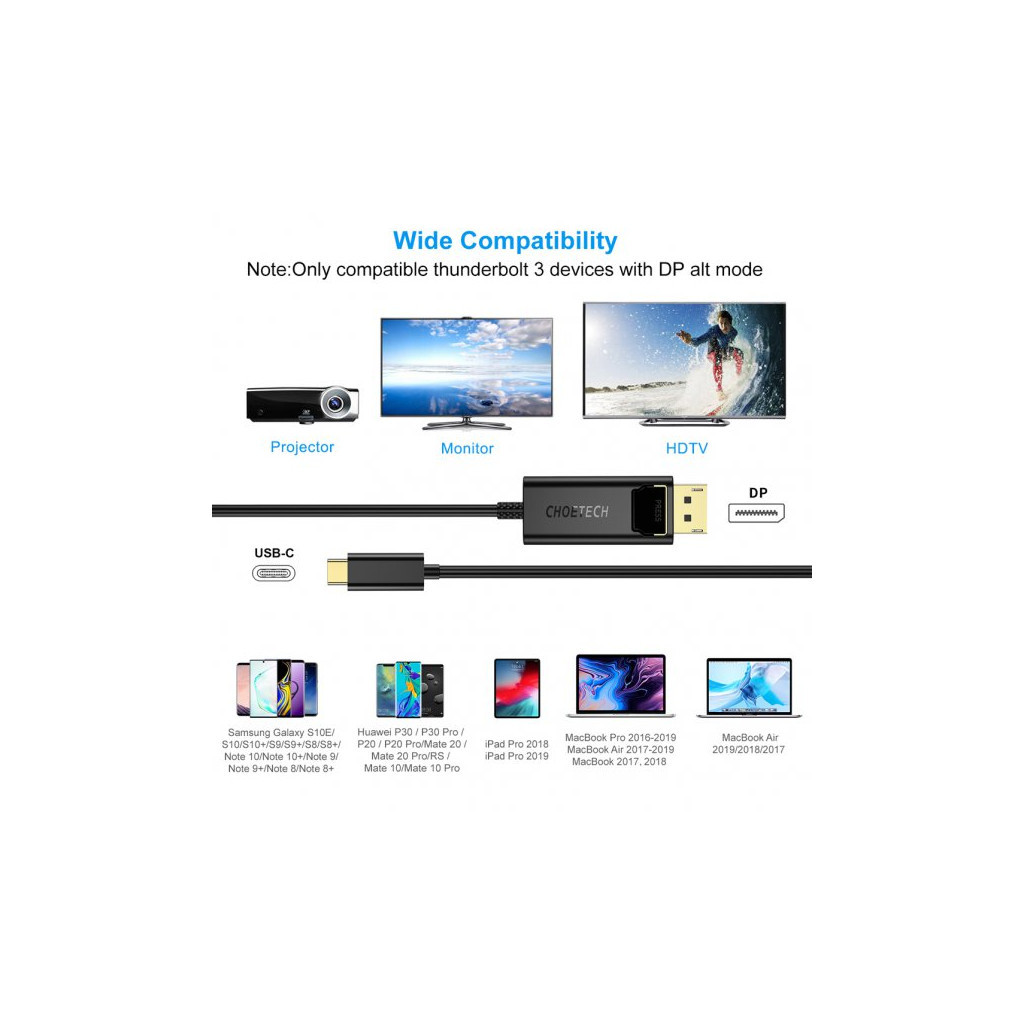 Кабель мультимедійний USB-C to DisplayPort 1.8m 4K 60Hz Choetech (XCP-1801BK) - изображение 7