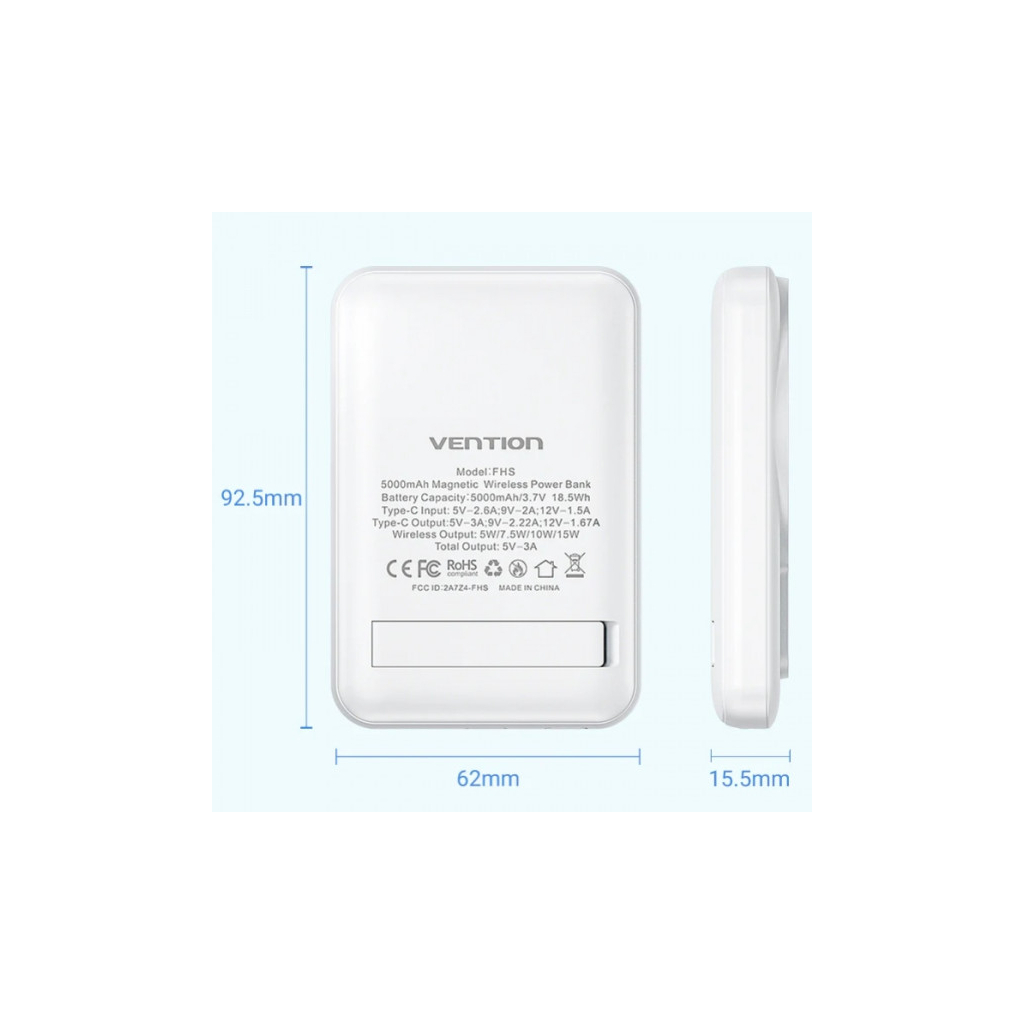 Батарея універсальна Vention Magnetic Wireless 5000mAh 20W 3A, PD USB-C, Light Indicator, White (FHSW0) - изображение 4
