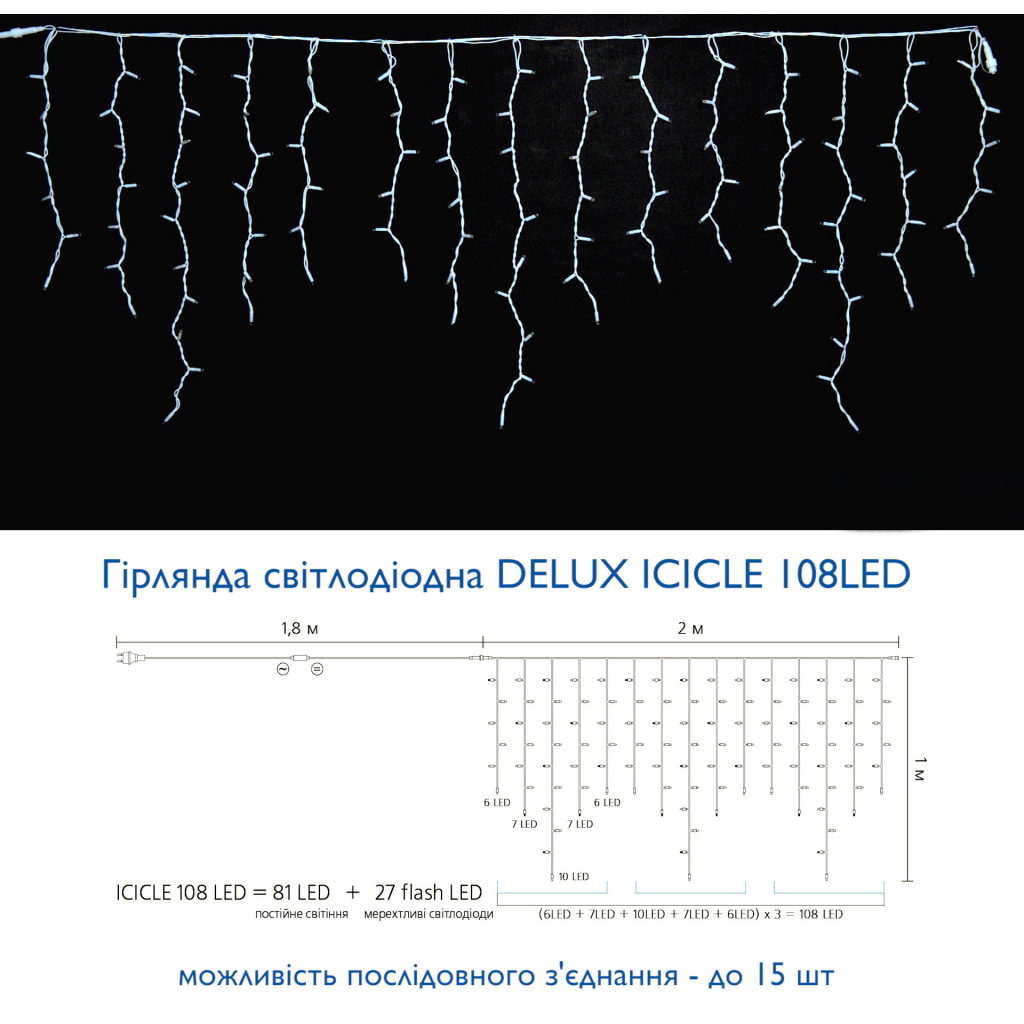 Гірлянда Delux ICICLE flash 108LED 2 х 1 м білий / білий IP44 EN (90012939) - зображення 3