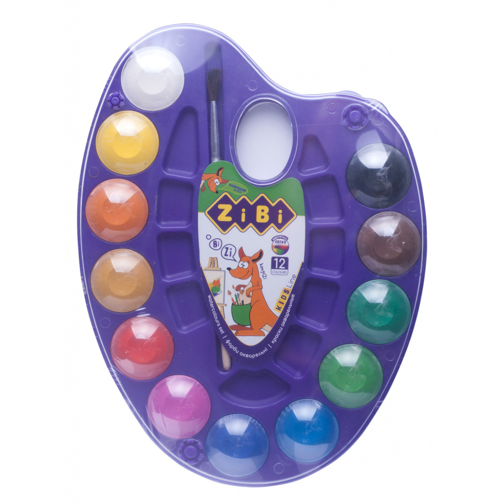 Акварельні фарби ZiBi KIDS Line на палітрі, 12 кол. натур. пензель фіолетові (ZB.6558-07) - зображення 1