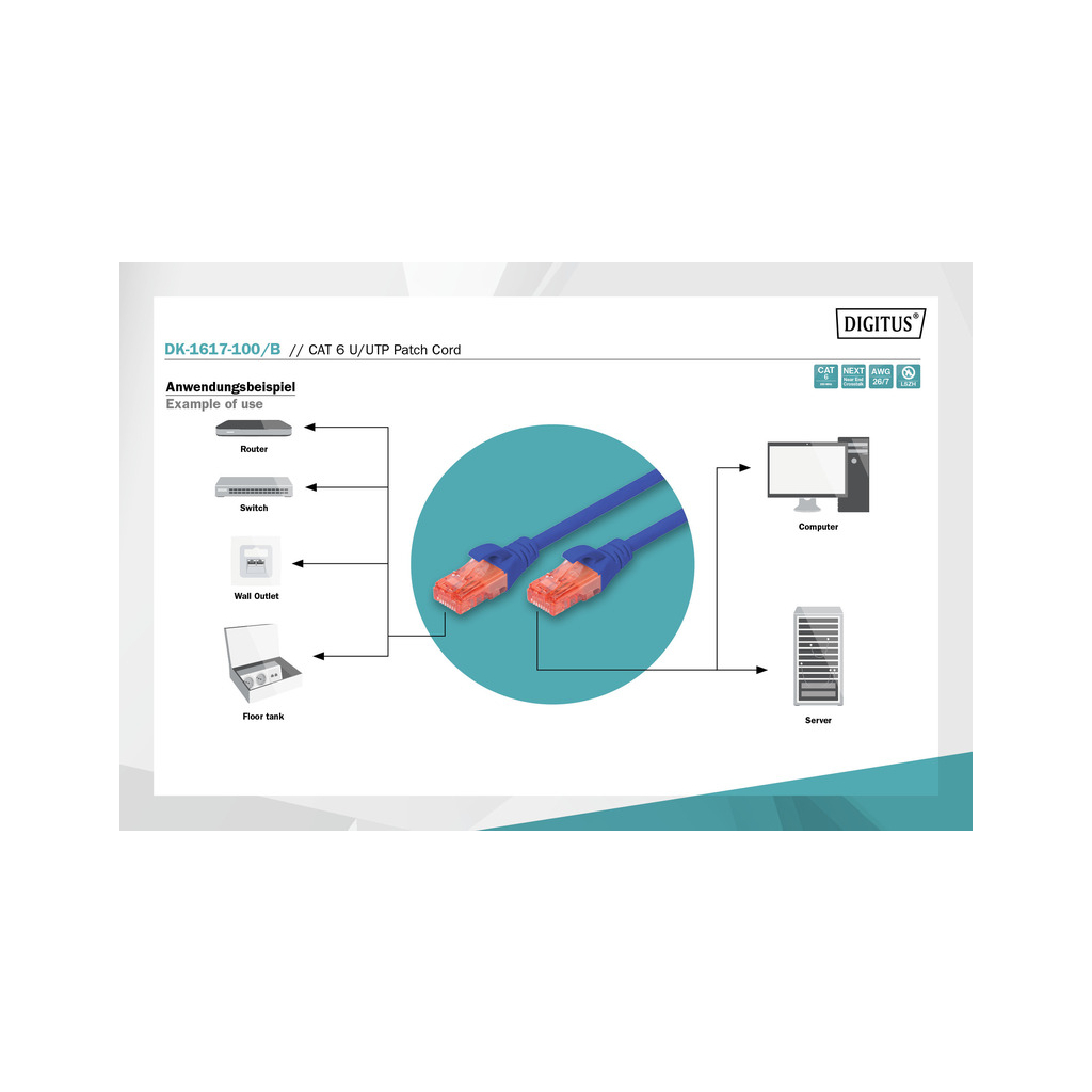 Патч-корд Digitus 10м, CAT 6 UTP, AWG 26/7, Cu, LSZH, blue (DK-1617-100/B) - зображення 3