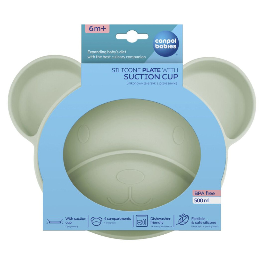 Тарілка дитяча Canpol babies Ведмедик силіконова на присосці з трьома відділами, зелена (51/401_gre) - зображення 3