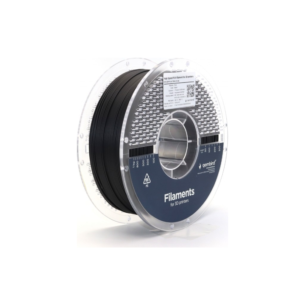 Пластик для 3D-принтера Gembird PLA High Speed 1.75 мм, 1kg black (3DP-PLA1.75HY-01-BK) - изображение 1