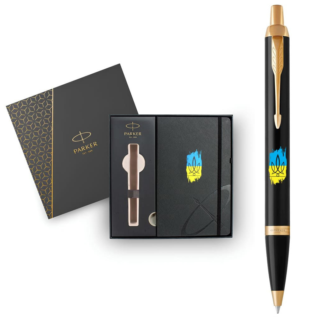 Ручка кулькова Parker IM 17 UKRAINE Black GT BP Тризуб фігурний на тлі прапора + блокнот+подар.упаковка GIFT24 (22032b24_T1026u) - зображення 6
