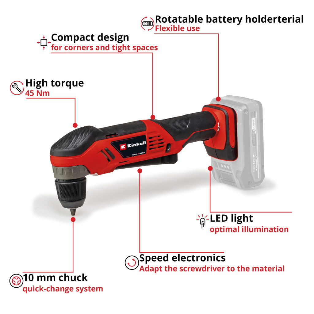 Дриль Einhell кутова TE-AD 18 Li - Solo PXC 18В, 1100 об/хв, 45Нм (без АКБ та ЗП) (4514290) - изображение 10