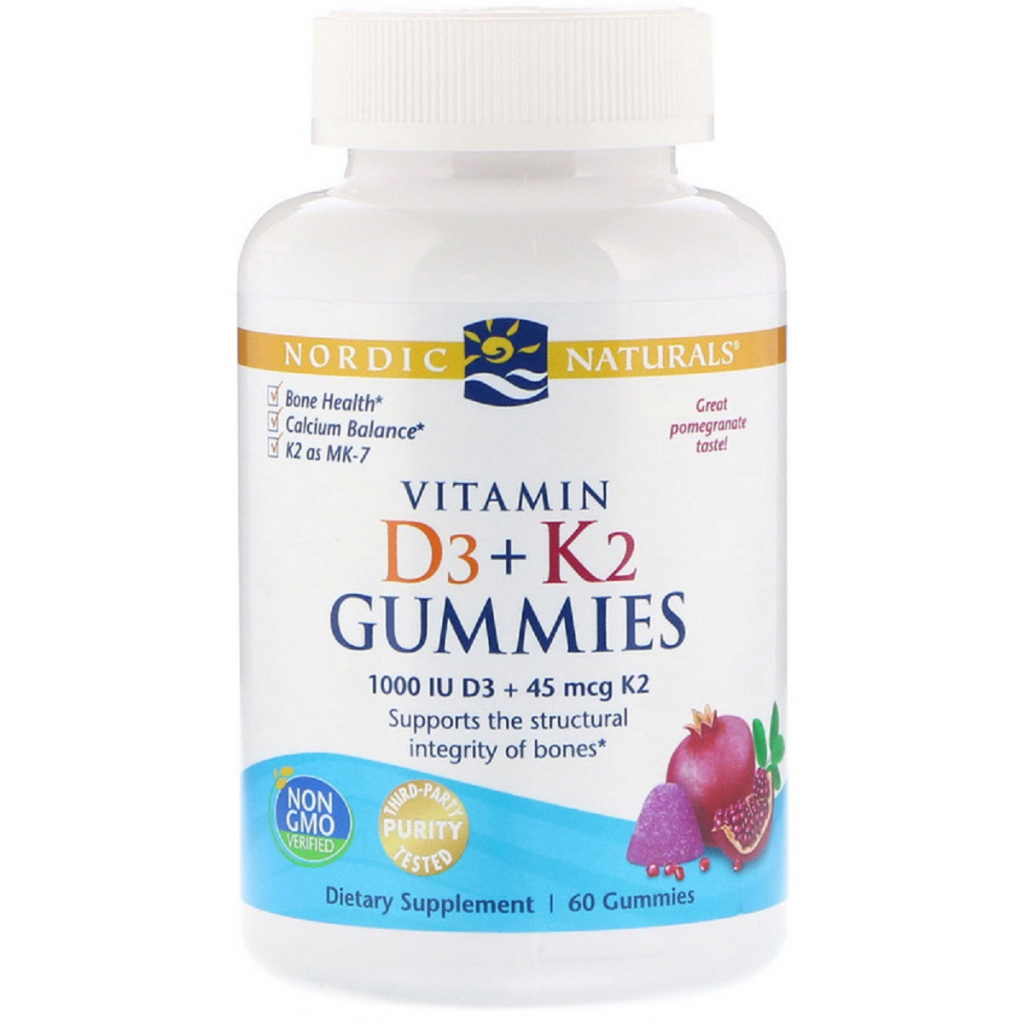 Вітамін Nordic Naturals Жувальні вітаміни D3 + K2, Гранат, Vitamin D3 K2 Gummies, 60 (NOR-31160) - зображення 1