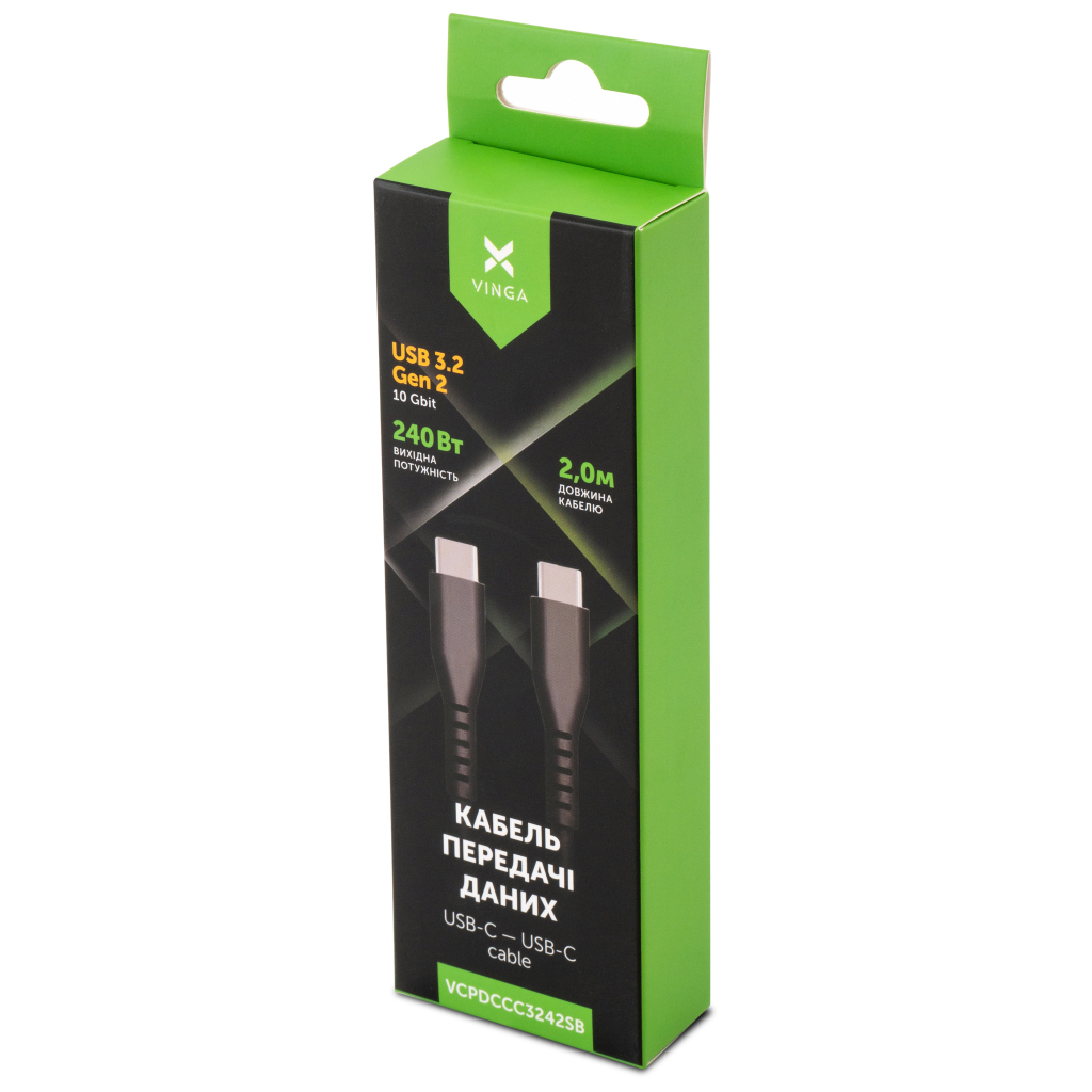 Дата кабель USB-C to USB-C 2.0m UBS3.2 Gen2 10G 240W Chip Silicon Black Vinga (VCPDCCC3242SB) - зображення 5