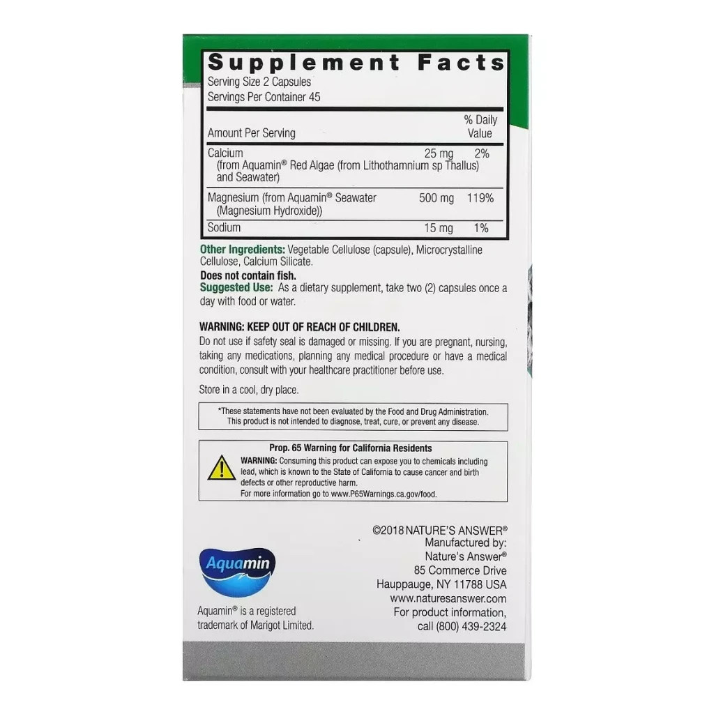 Мінерали Nature's Answer Магній морського походження, 500 мг, Marine Based Magnesium, 90 ві (NTA-16462) - зображення 3