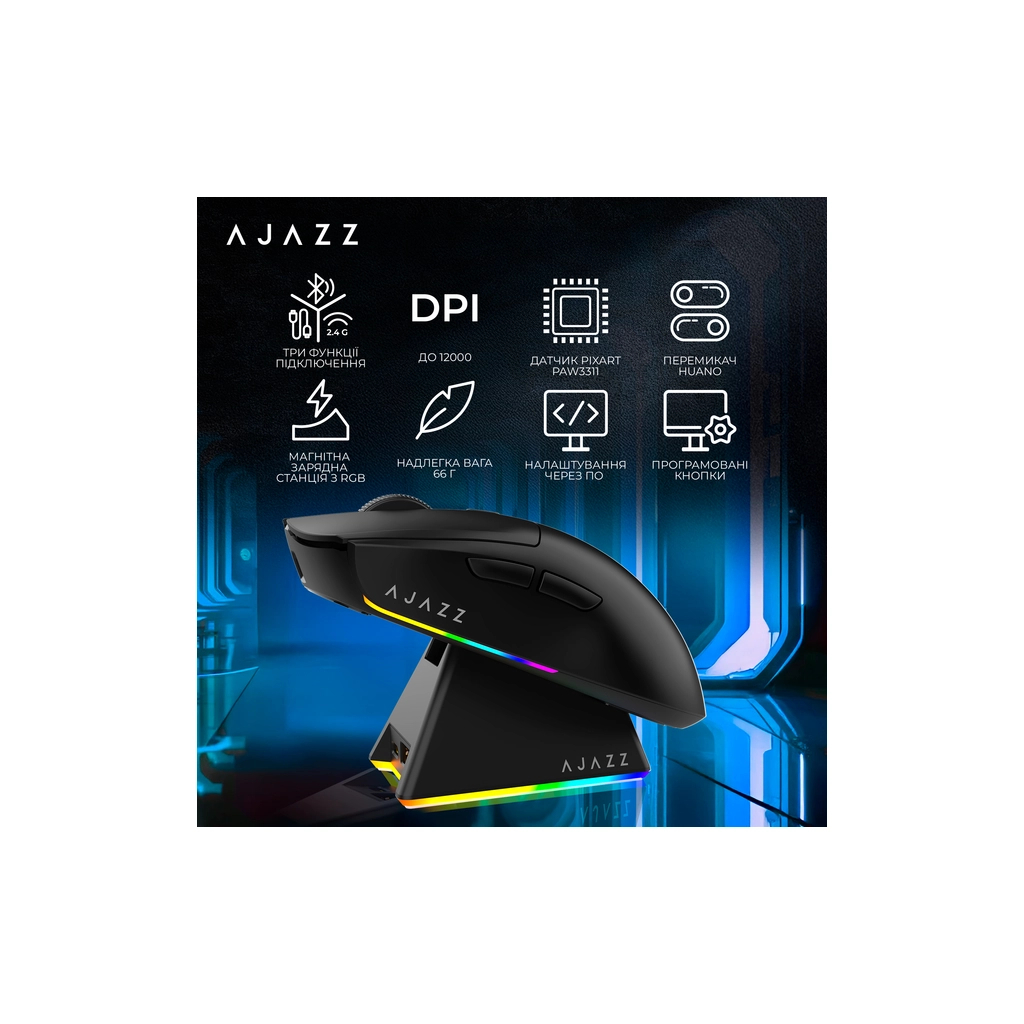 Мишка Ajazz AJ139 V2 MC Wireless/Bluetooth/USB Black (AJ139-V2-MC-B) - зображення 7