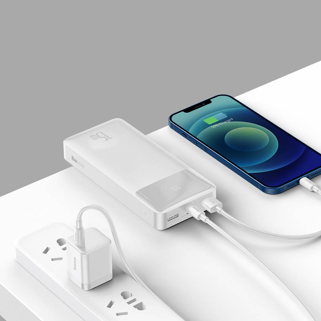 Батарея універсальна Baseus Bipow 20000mAh, 15W, USB-C/3A, 2*USB-A/3A(max.), +cable, white (PPBD050102) - зображення 7