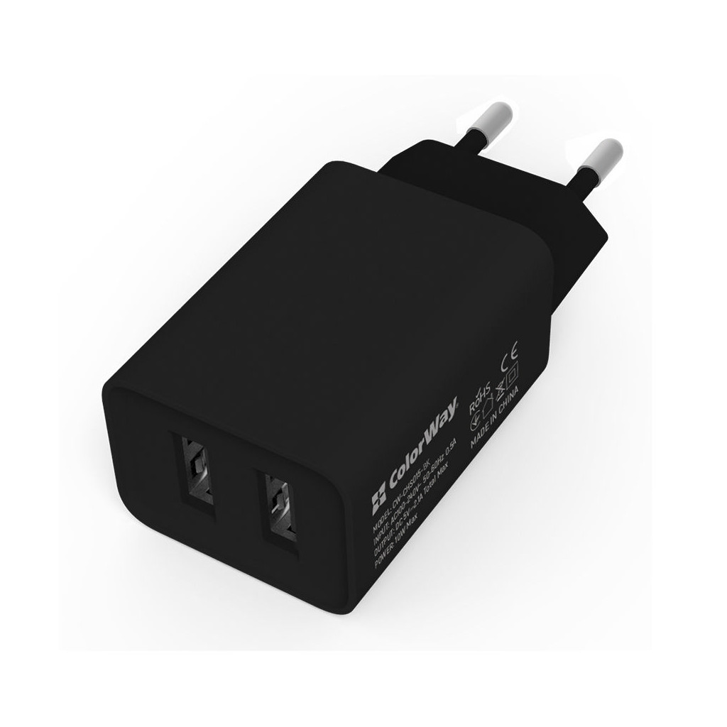 Зарядний пристрій ColorWay 2USB AUTO ID 2.1A (10W) black (CW-CHS015-BK) - зображення 1